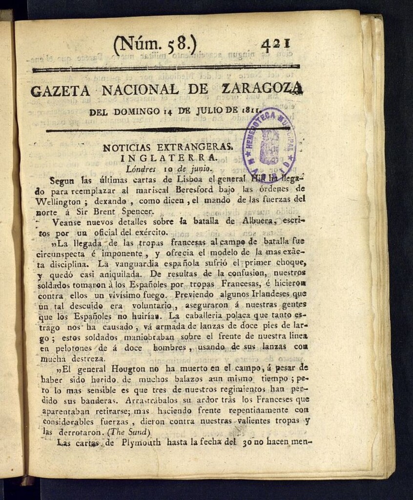 Miniatura de Gazeta de Zaragoza del 14 de julio de 1811