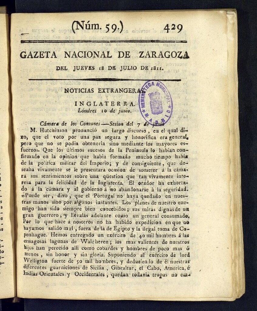 Miniatura de Gazeta de Zaragoza del 18 de julio de 1811