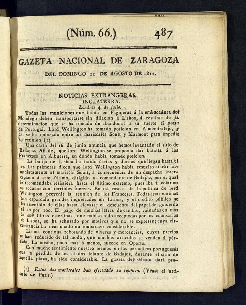 Miniatura de Gazeta de Zaragoza del 11 de agosto de 1811