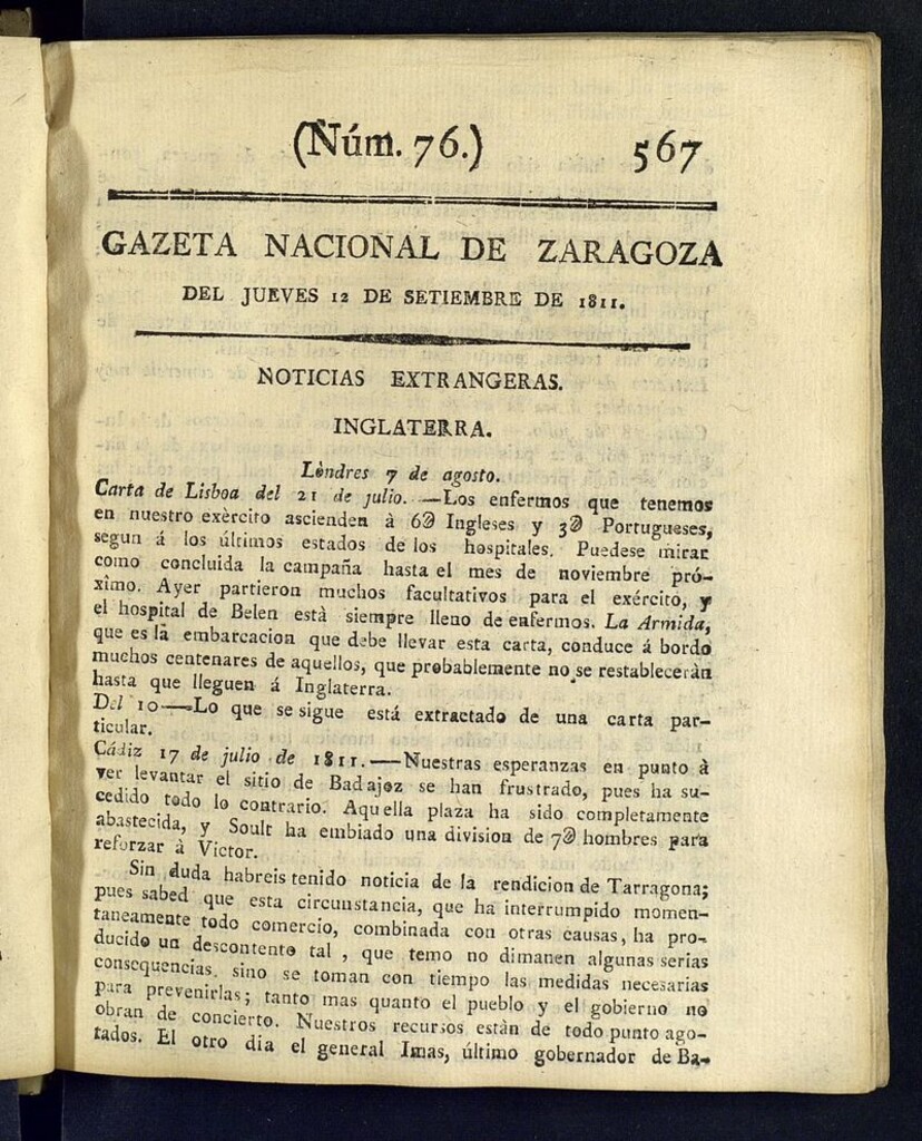 Miniatura de Gazeta de Zaragoza del 12 de septiembre de 1811