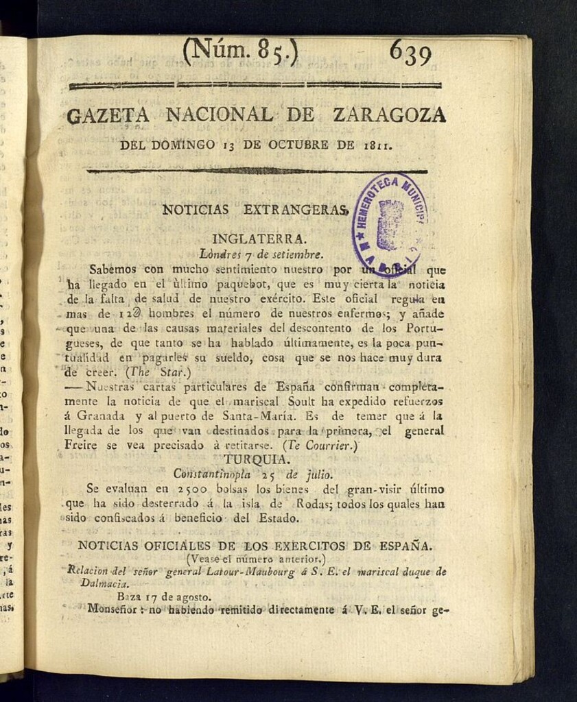 Miniatura de Gazeta de Zaragoza del 13 de octubre de 1811