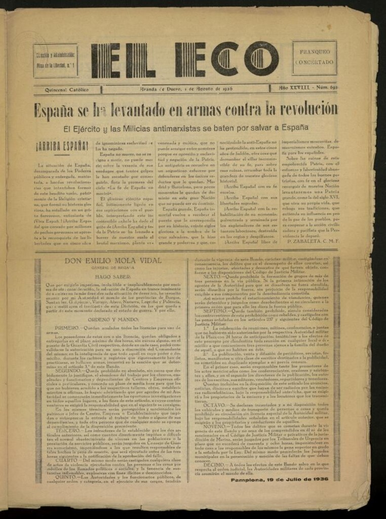Miniatura de El Eco: Quincenal católico del 1 de agosto de 1936, Nº 693