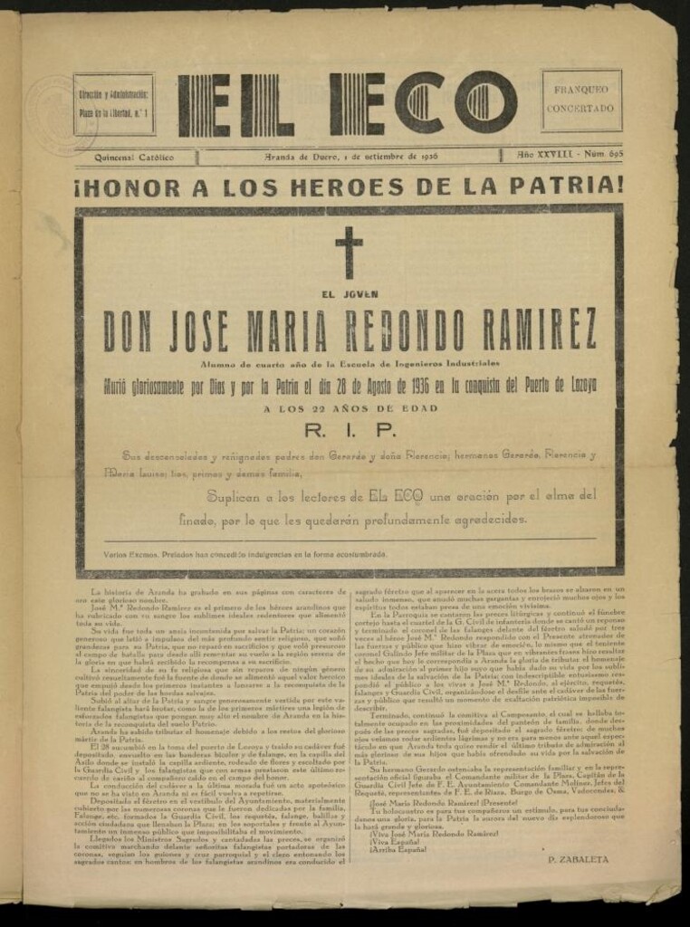 Miniatura de El Eco: Quincenal católico del 1 de septiembre de 1936, Nº 695