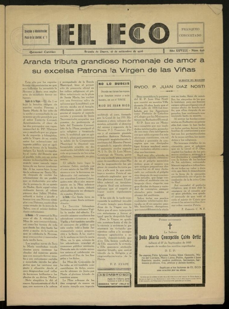 Miniatura de El Eco: Quincenal católico del 16 de septiembre de 1936, Nº 696