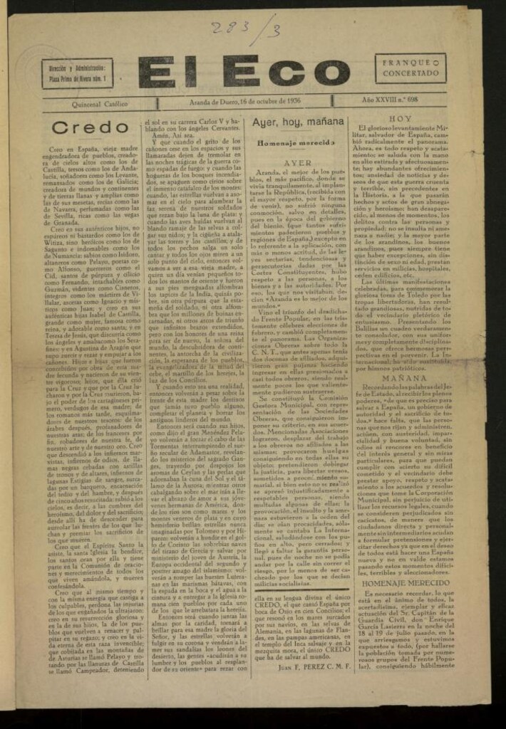 Miniatura de El Eco: Quincenal católico del 16 de octubre de 1936, Nº 698