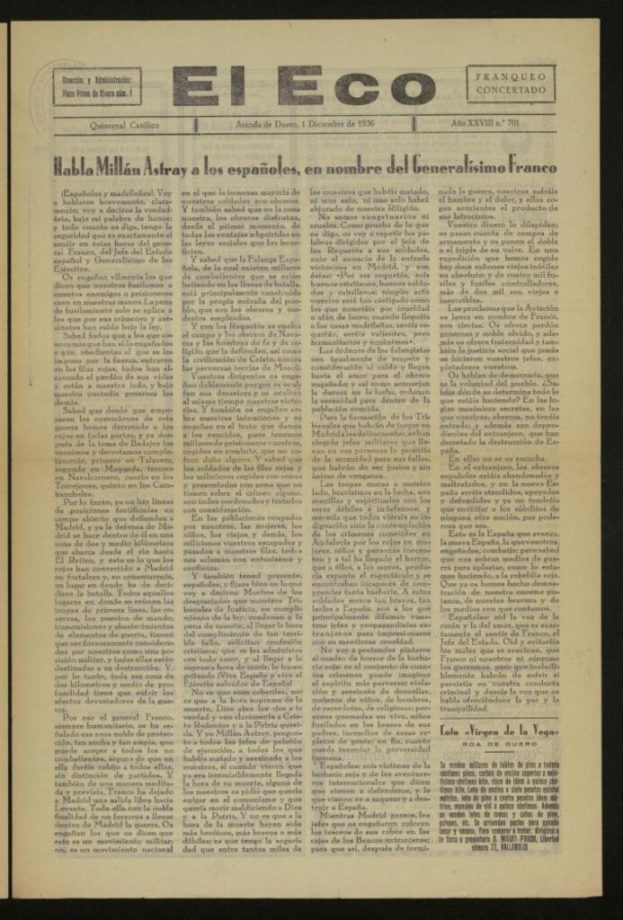 Miniatura de El Eco: Quincenal católico del 1 de diciembre de 1936, Nº  701