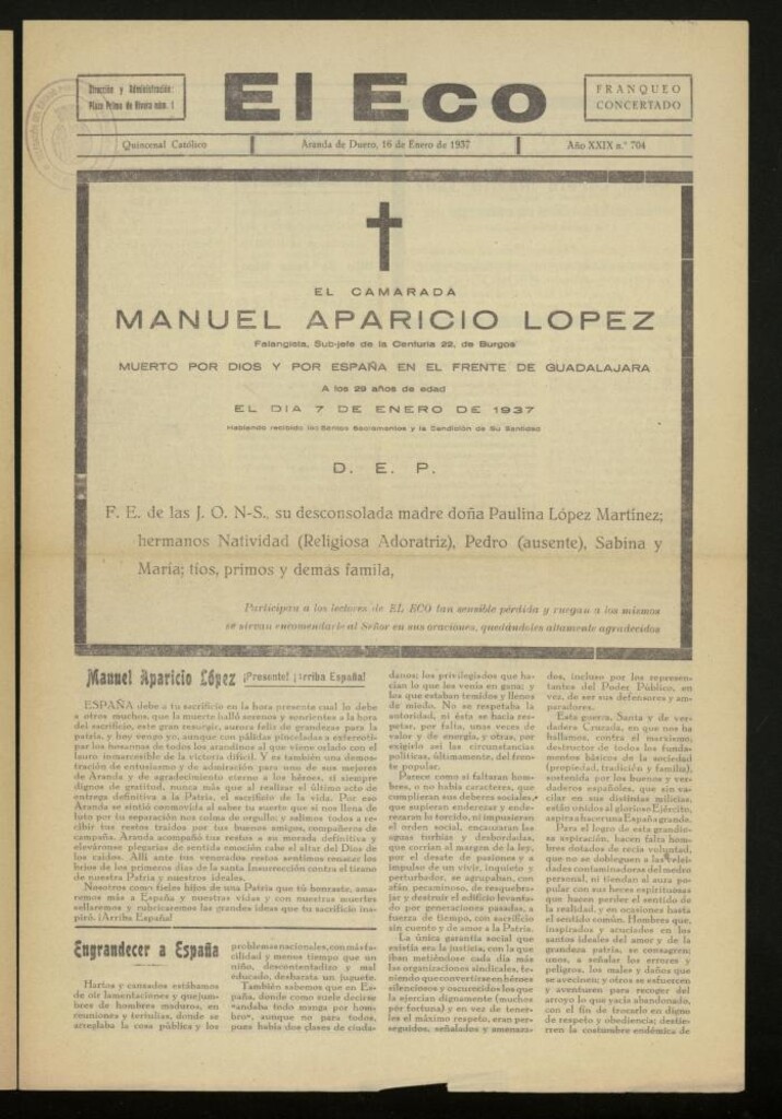 Miniatura de El Eco: Quincenal católico del 16 de enero de 1937, Nº  704