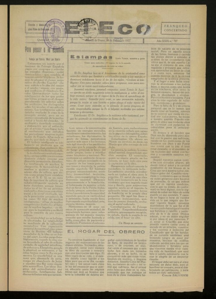 Miniatura de El Eco: Quincenal católico del 28 de febrero [sic] de 1937, Nº  707