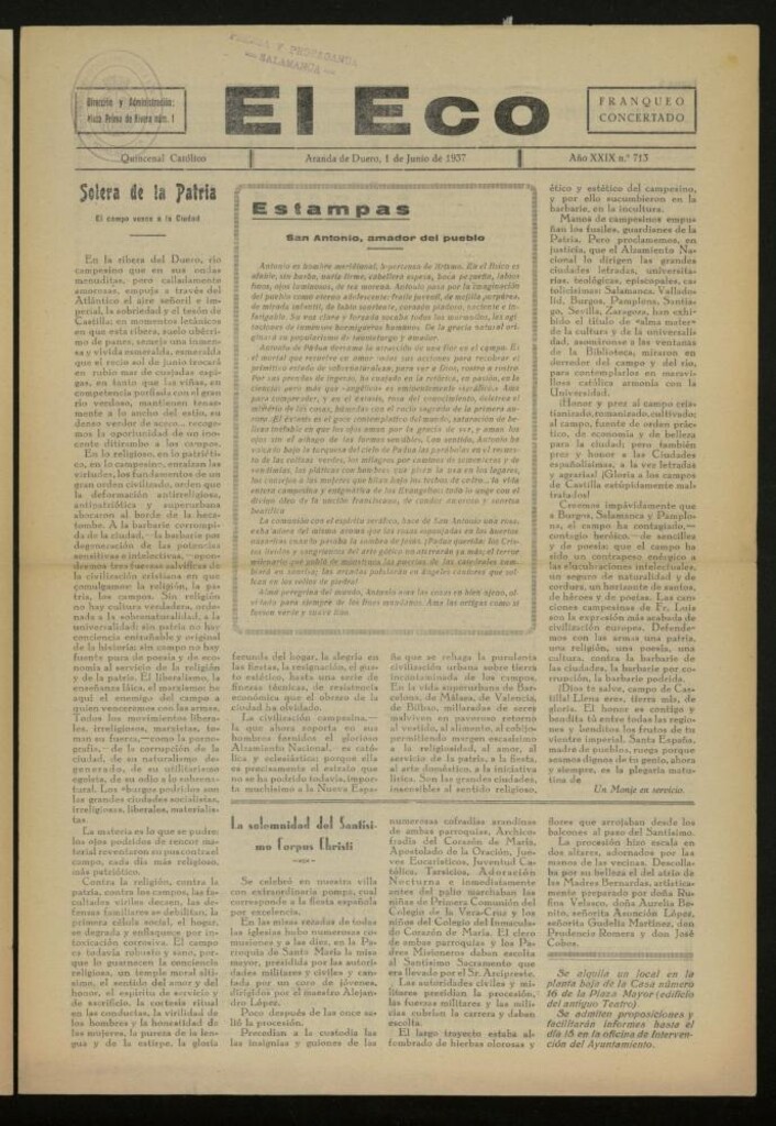 Miniatura de El Eco: Quincenal católico del 1 de junio de 1937, Nº 713