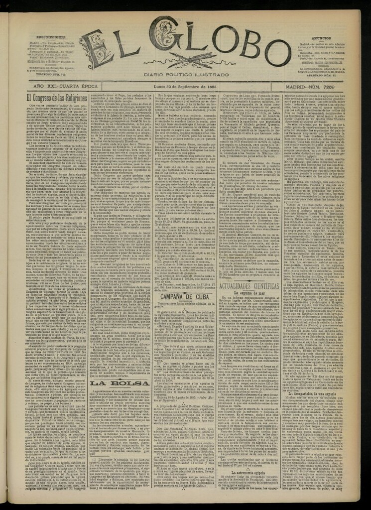 Miniatura de El Globo : diario ilustrado  del 30 de septiembre de 1895, nº 7259 [sic]