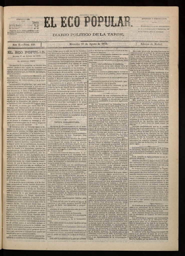 Miniatura de El Eco Popular del 27 de agosto de 1873