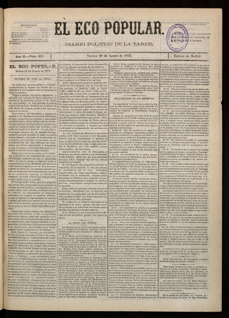 Miniatura de El Eco Popular del 29 de agosto de 1873