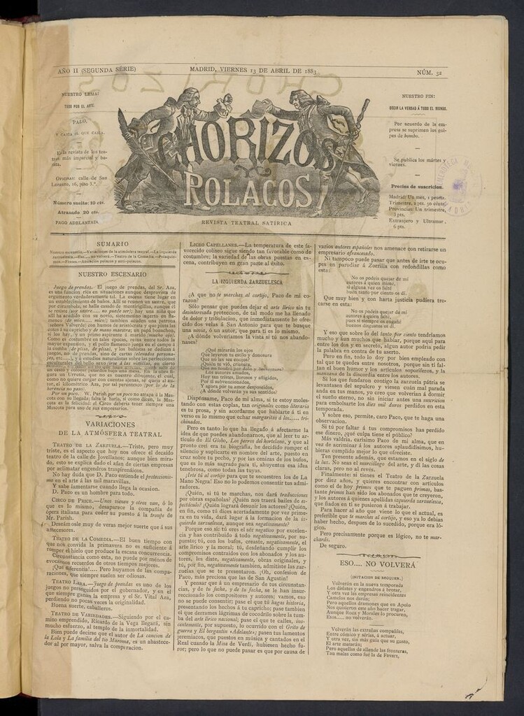 Miniatura de Chorizos y Polacos: revista festiva-teatral del 13 de abril de 1883
