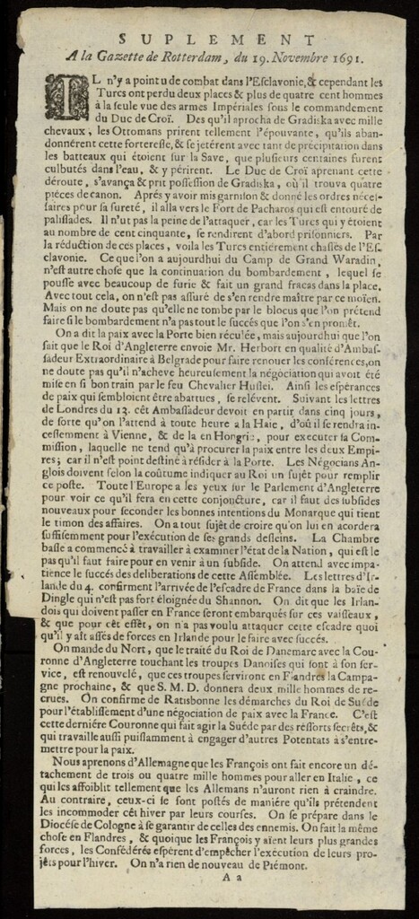 Miniatura de Gazette de Rotterdam del 19 de noviembre de 1691, suplemento s/n