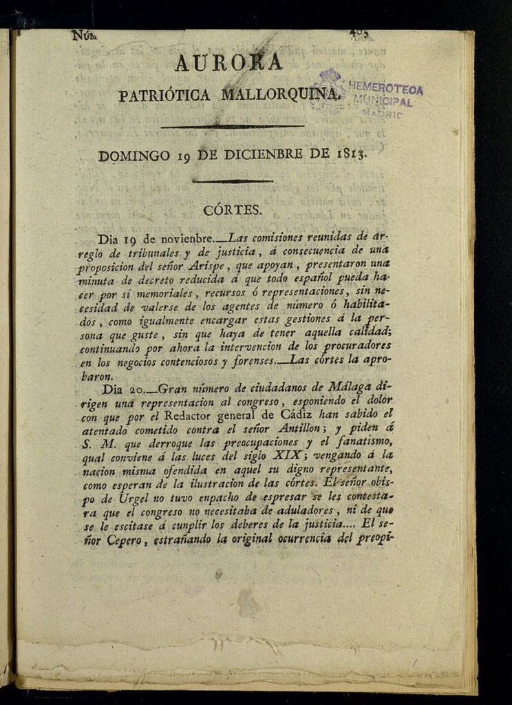 Miniatura de Aurora Patriótica Mallorquina del 19 de diciembre de 1813, s/n