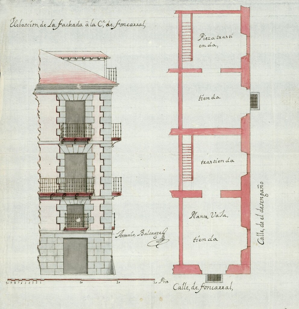 Miniatura de Alzado y planta para la incorporación de una casa a otra perteneciente a la marquesa de Murillo situada en la calle del Desengaño que tenía fachada a la de Fuencarral