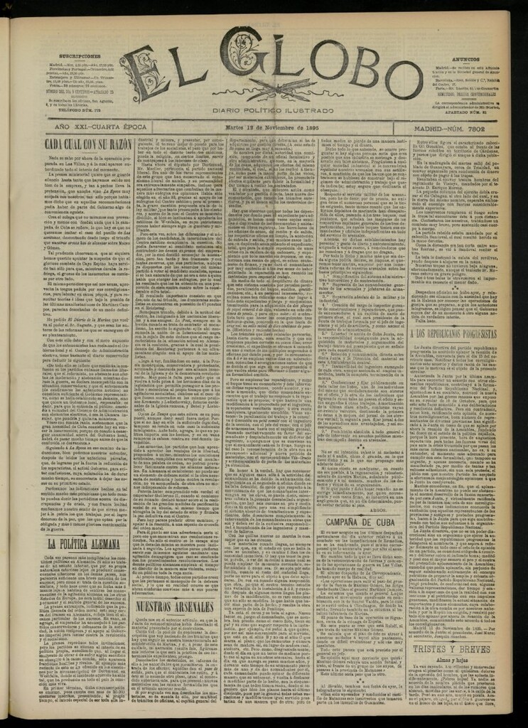 Miniatura de El Globo : diario ilustrado  del 12 de noviembre de 1895, nº 7302