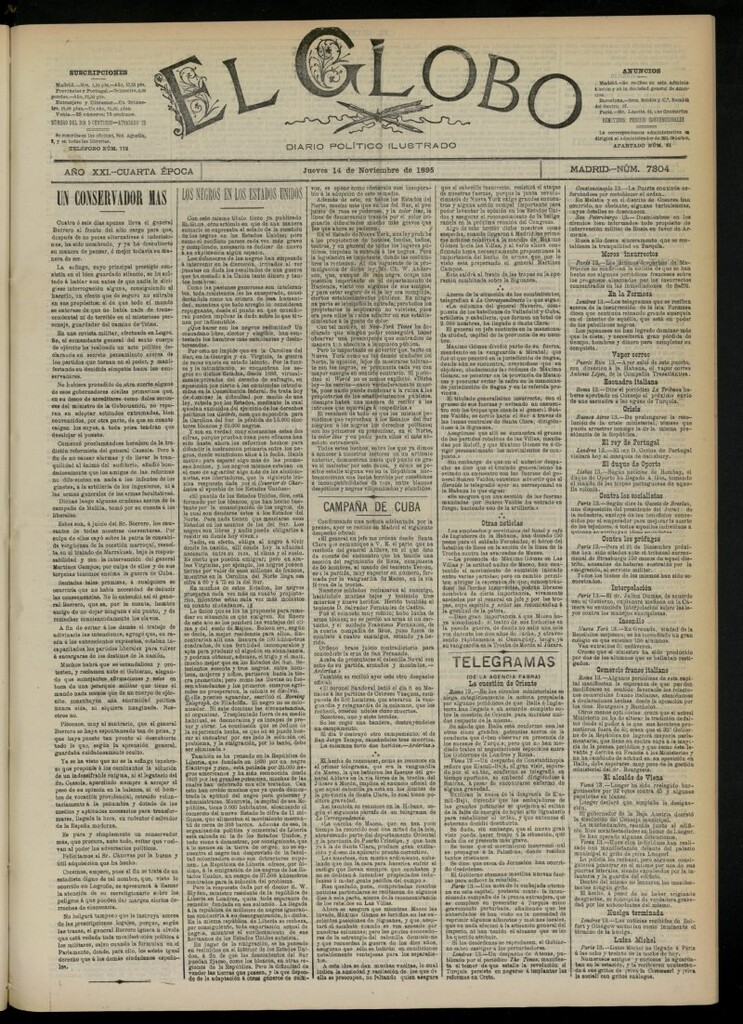 Miniatura de El Globo : diario ilustrado  del 14 de noviembre de 1895, nº 7304