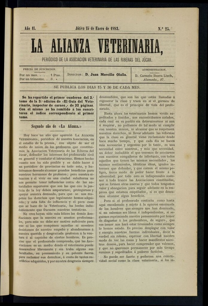 Miniatura de La alianza veterinaria, periódico de la Asociación veterinaria de las riberas del Júcar del 15 de enero de 1883