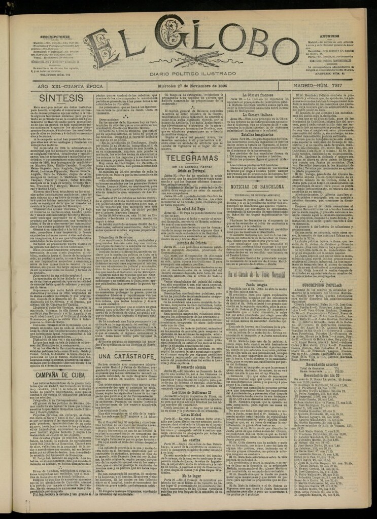 Miniatura de El Globo : diario ilustrado  del 27 de noviembre de 1895, nº 7317