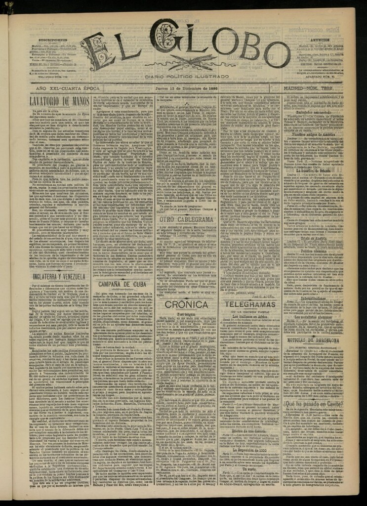 Miniatura de El Globo : diario ilustrado  del 12 de diciembre de 1895, nº 7332