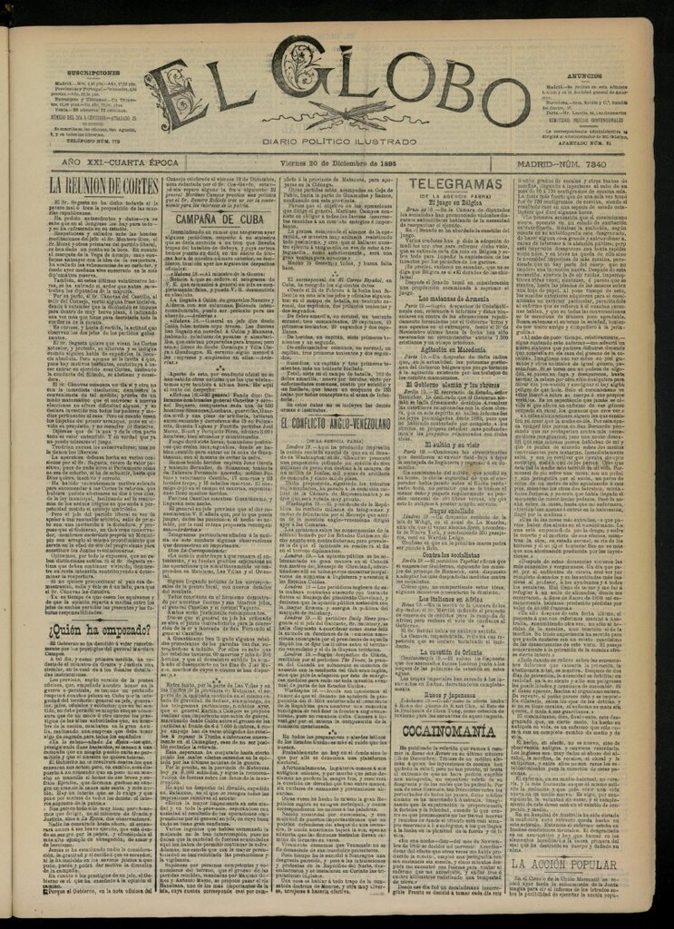 Miniatura de El Globo : diario ilustrado  del 20 de diciembre de 1895, nº 7340