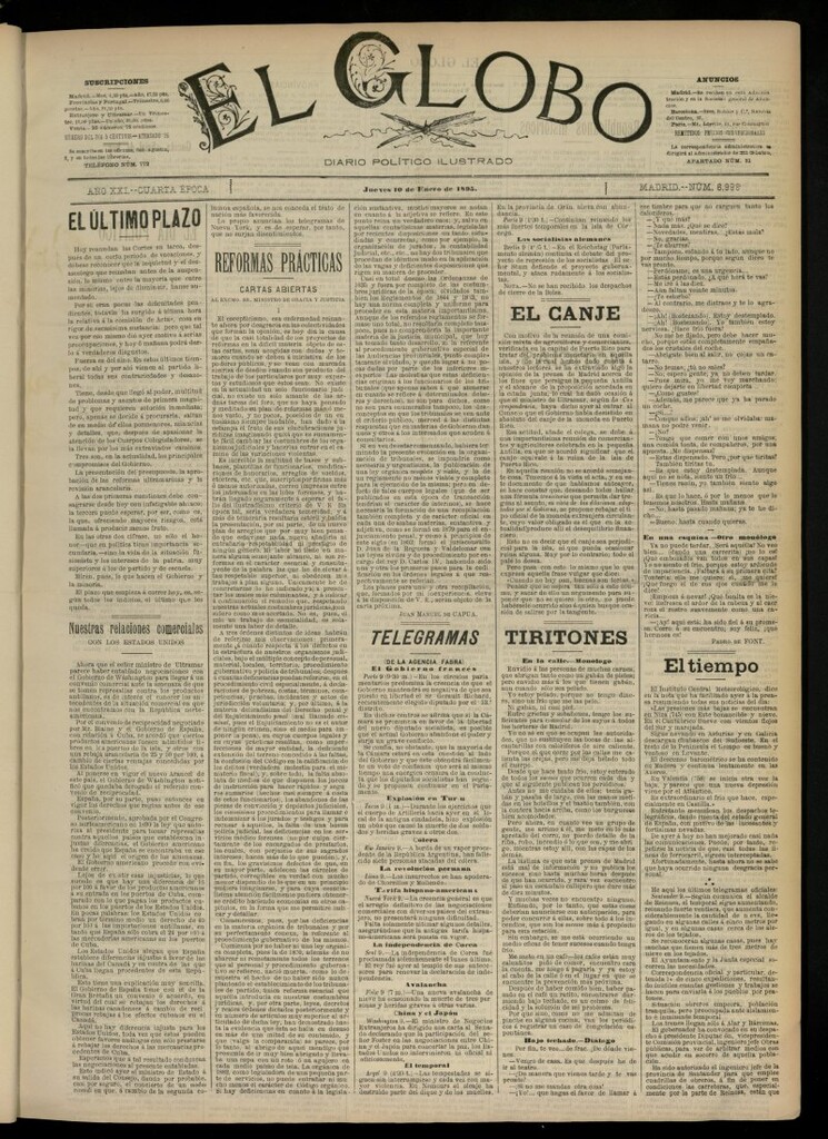 Miniatura de El Globo : diario ilustrado  del 10 de enero de 1895, nº 6998
