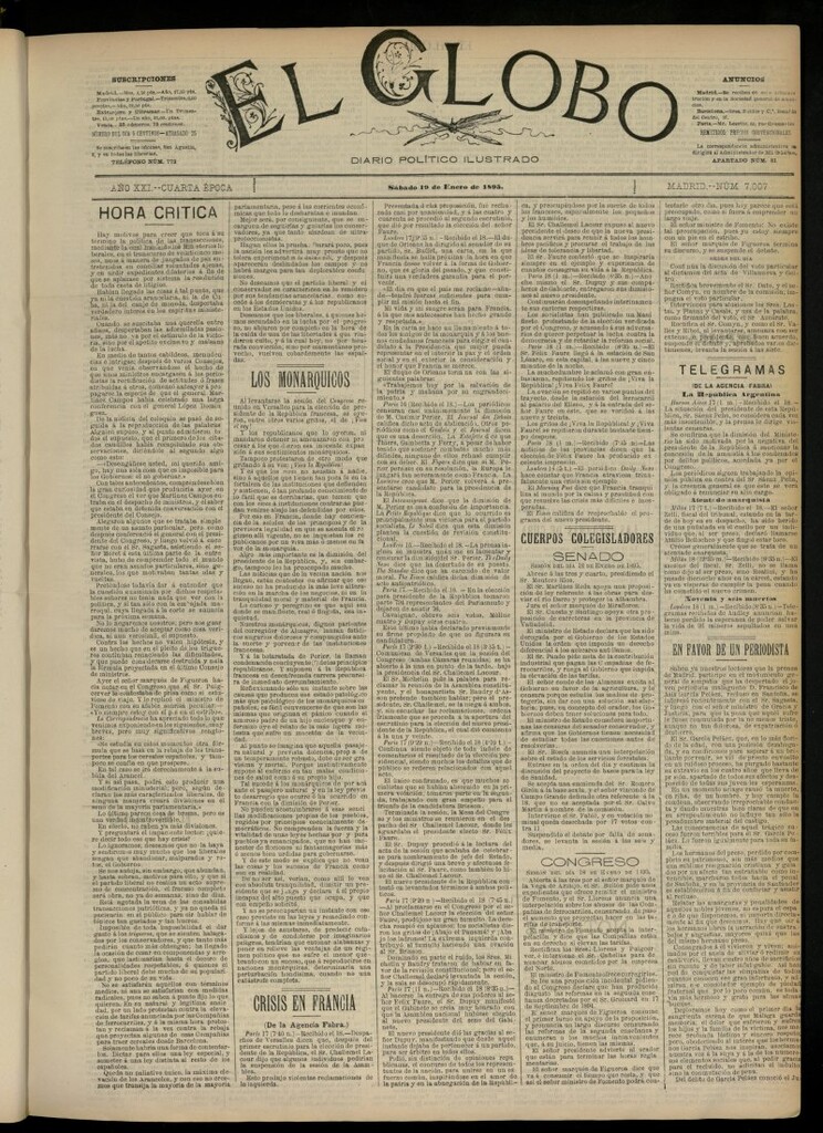 Miniatura de El Globo : diario ilustrado  del 19 de enero de 1895, nº 7007