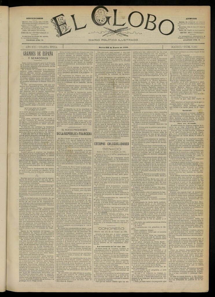Miniatura de El Globo : diario ilustrado  del 22 de enero de 1895, nº 7010