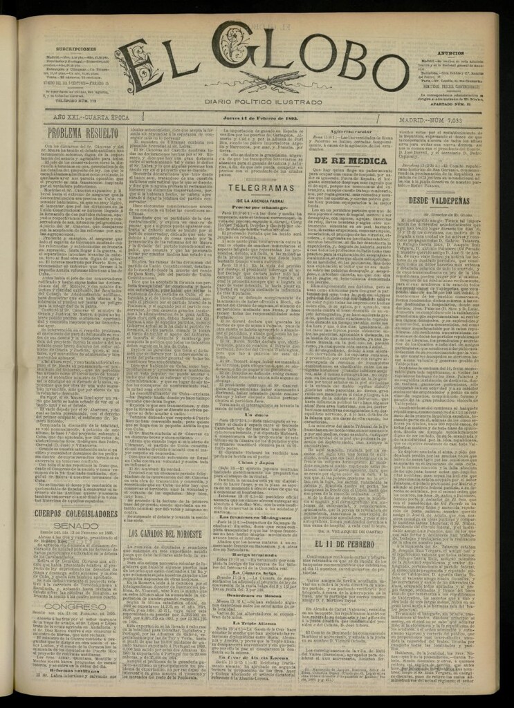 Miniatura de El Globo : diario ilustrado  del 14 de febrero de 1895, nº 7033