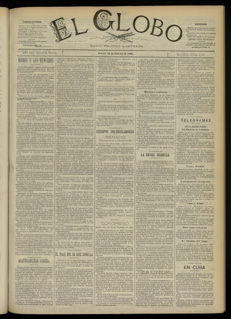 Miniatura de El Globo : diario ilustrado  del 16 de febrero de 1895, nº 7035