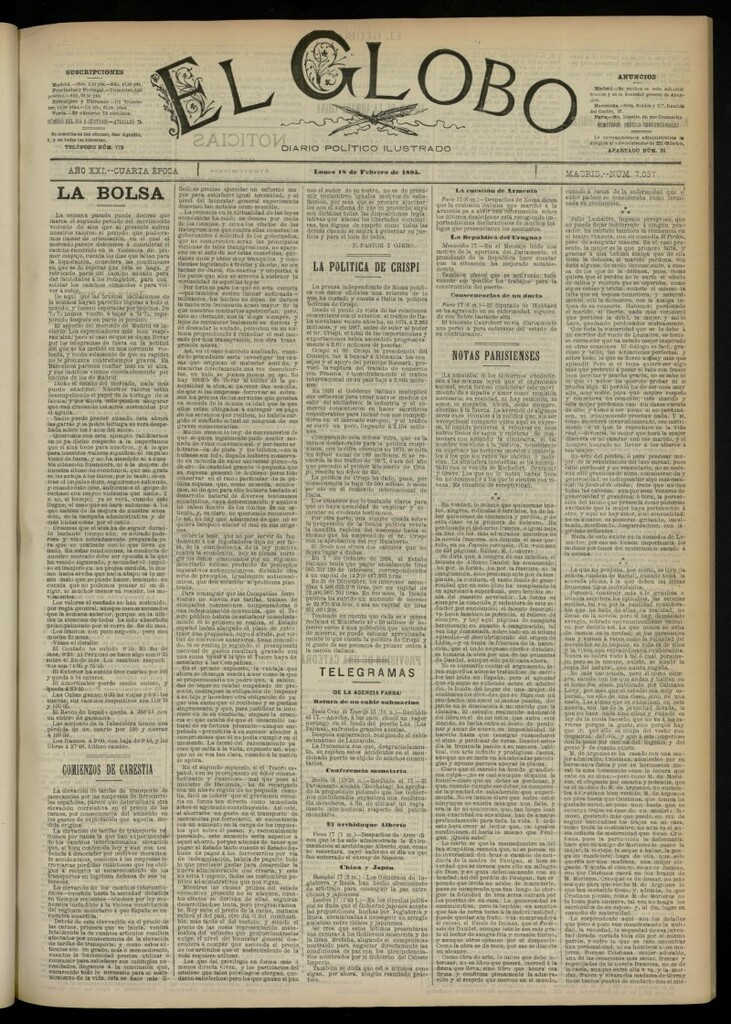 Miniatura de El Globo : diario ilustrado  del 18 de febrero de 1895, nº 7037