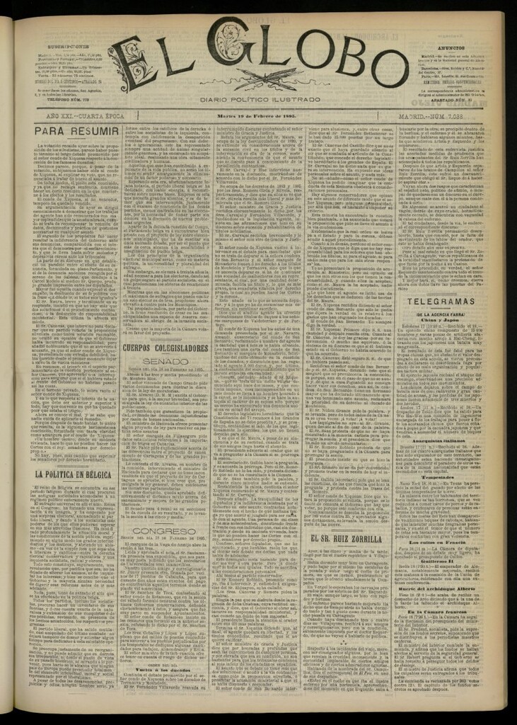 Miniatura de El Globo : diario ilustrado  del 19 de febrero de 1895, nº 7038