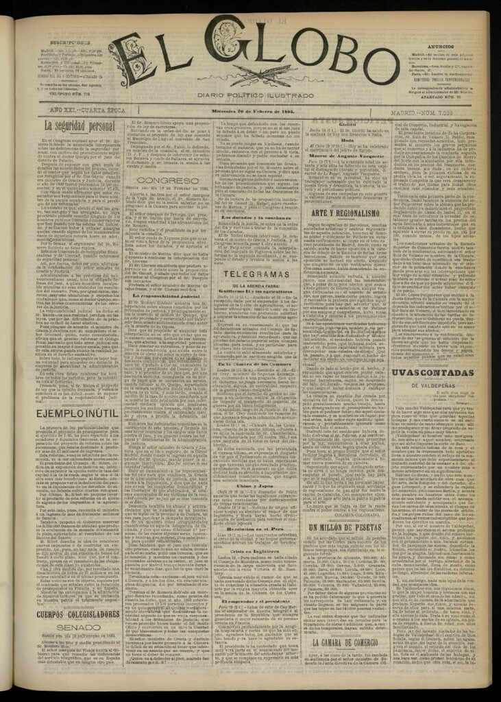 Miniatura de El Globo : diario ilustrado  del 20 de febrero de 1895, nº 7039