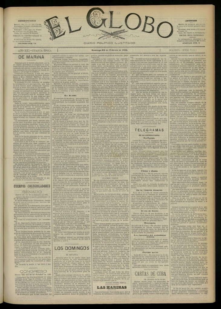 Miniatura de El Globo : diario ilustrado  del 24 de febrero de 1895, nº 7043