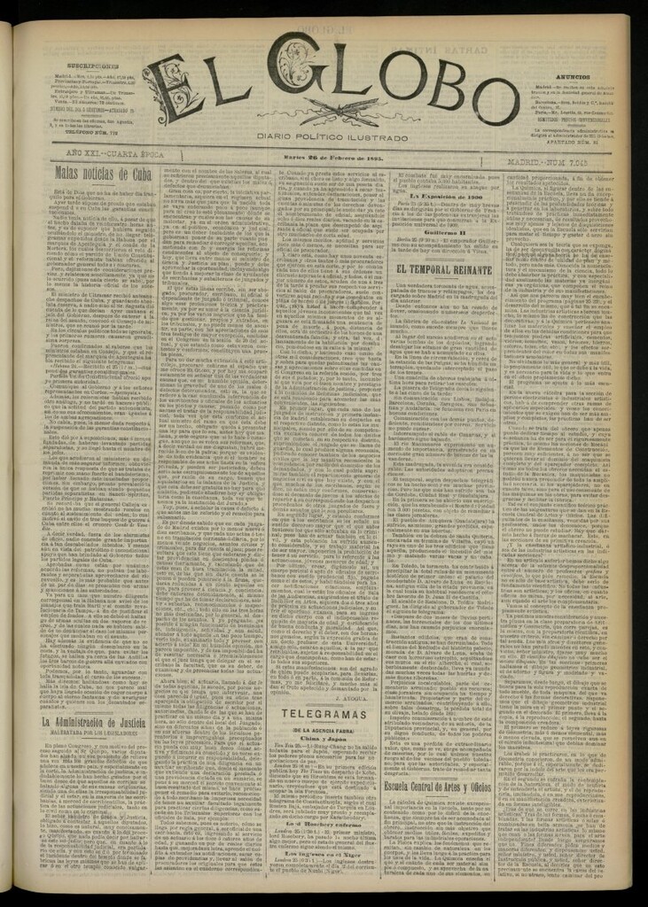 Miniatura de El Globo : diario ilustrado  del 26 de febrero de 1895, nº 7045