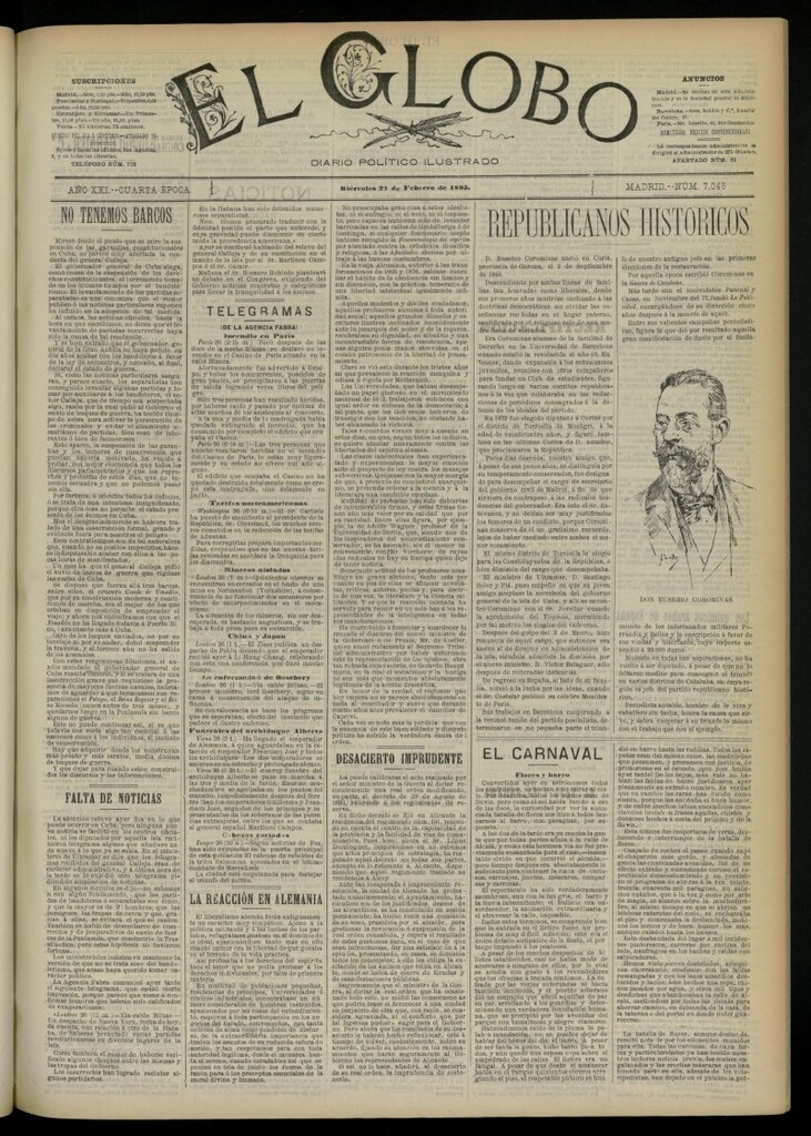 Miniatura de El Globo : diario ilustrado  del 27 de febrero de 1895, nº 7046