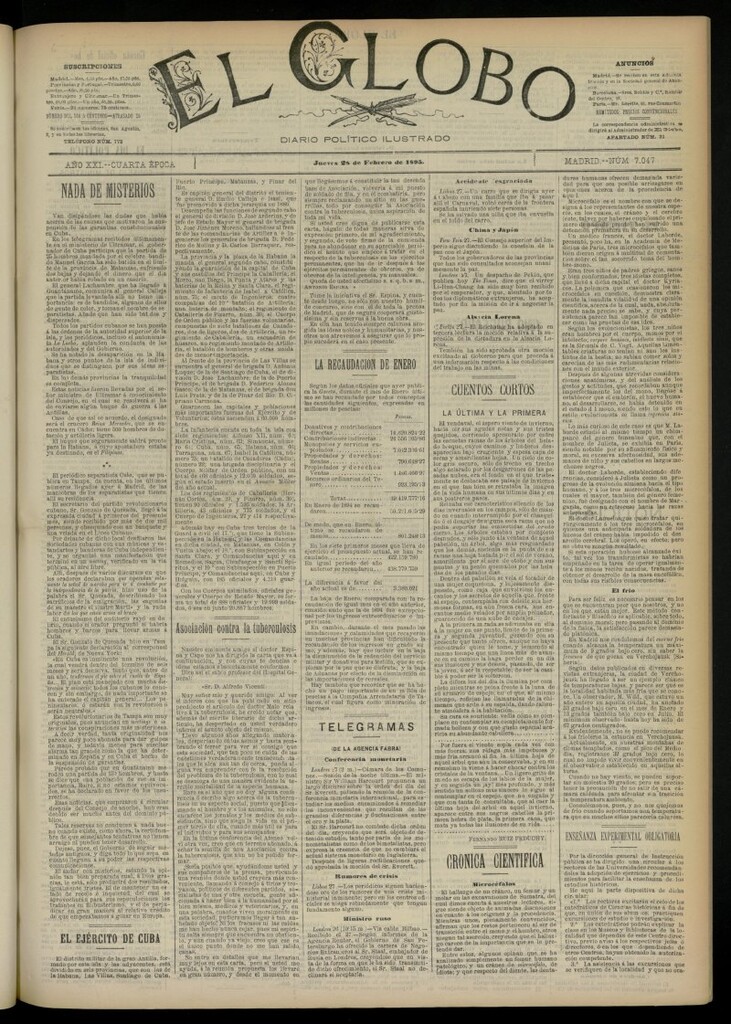 Miniatura de El Globo : diario ilustrado  del 28 de febrero de 1895, nº 7047