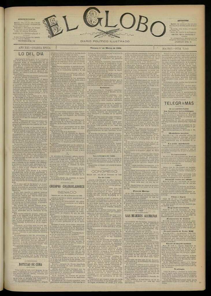 Miniatura de El Globo : diario ilustrado  del 1 de marzo de 1895, nº 7048
