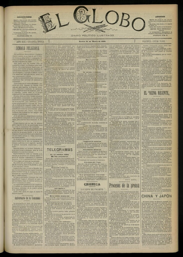 Miniatura de El Globo : diario ilustrado  del 21 de marzo de 1895, nº 7068