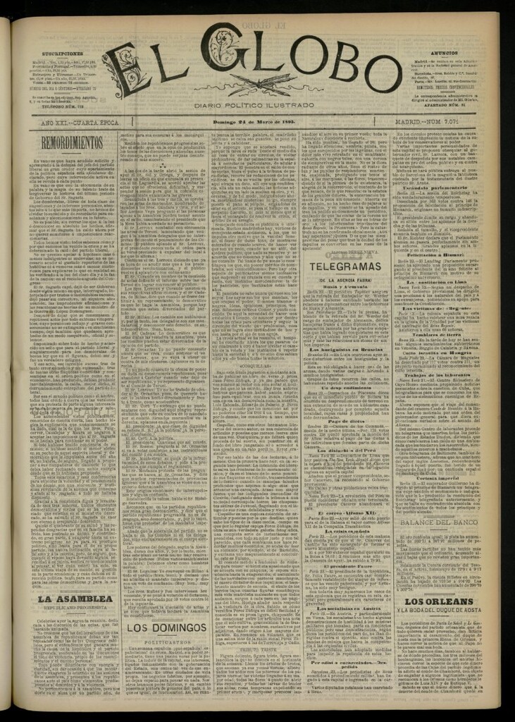 Miniatura de El Globo : diario ilustrado  del 24 de marzo de 1895, nº 7071