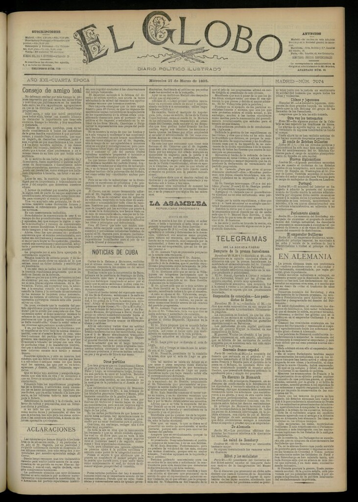 Miniatura de El Globo : diario ilustrado  del 27 de marzo de 1895, nº 7074