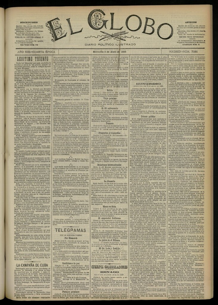 Miniatura de El Globo : diario ilustrado  del 3 de abril de 1895, nº 7081