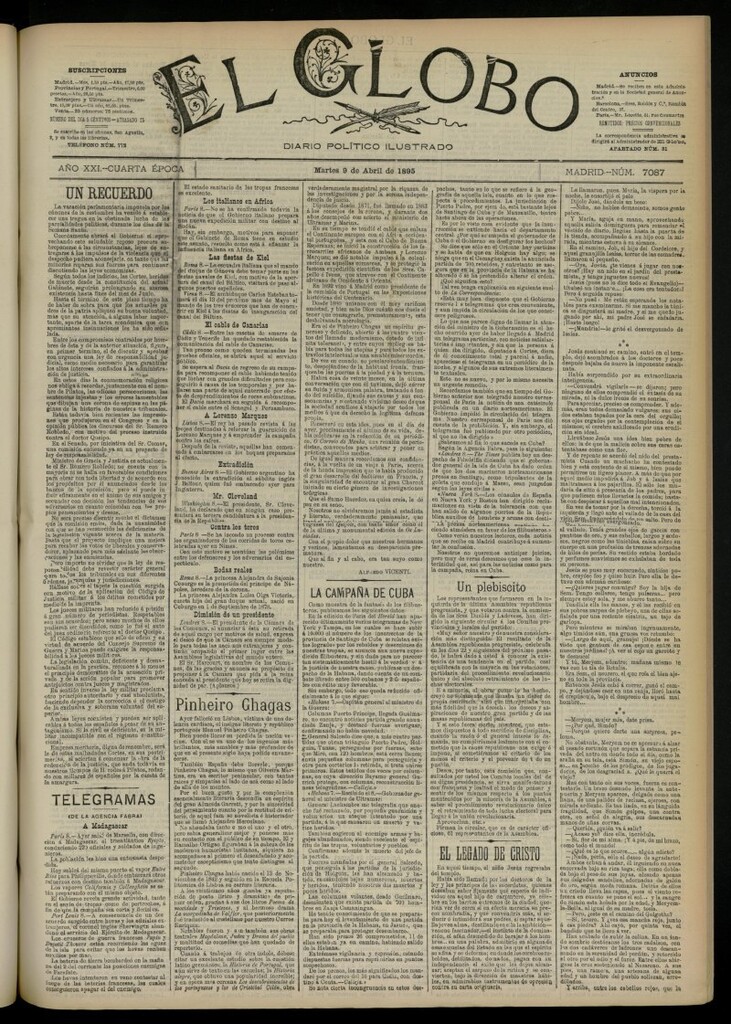 Miniatura de El Globo : diario ilustrado  del 9 de abril de 1895, nº 7087