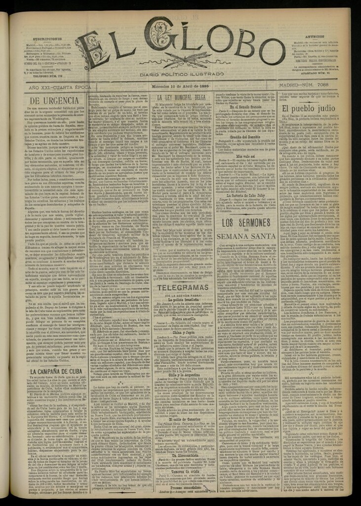 Miniatura de El Globo : diario ilustrado  del 10 de abril de 1895, nº 7088