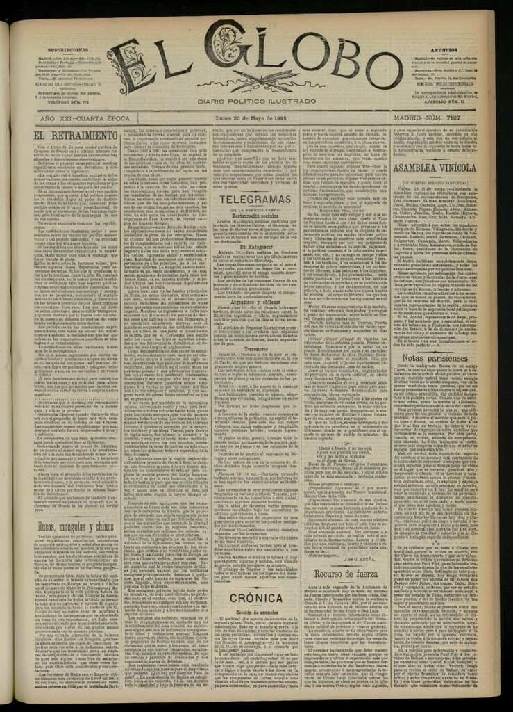 Miniatura de El Globo : diario ilustrado  del 20 de mayo de 1895, nº 7127