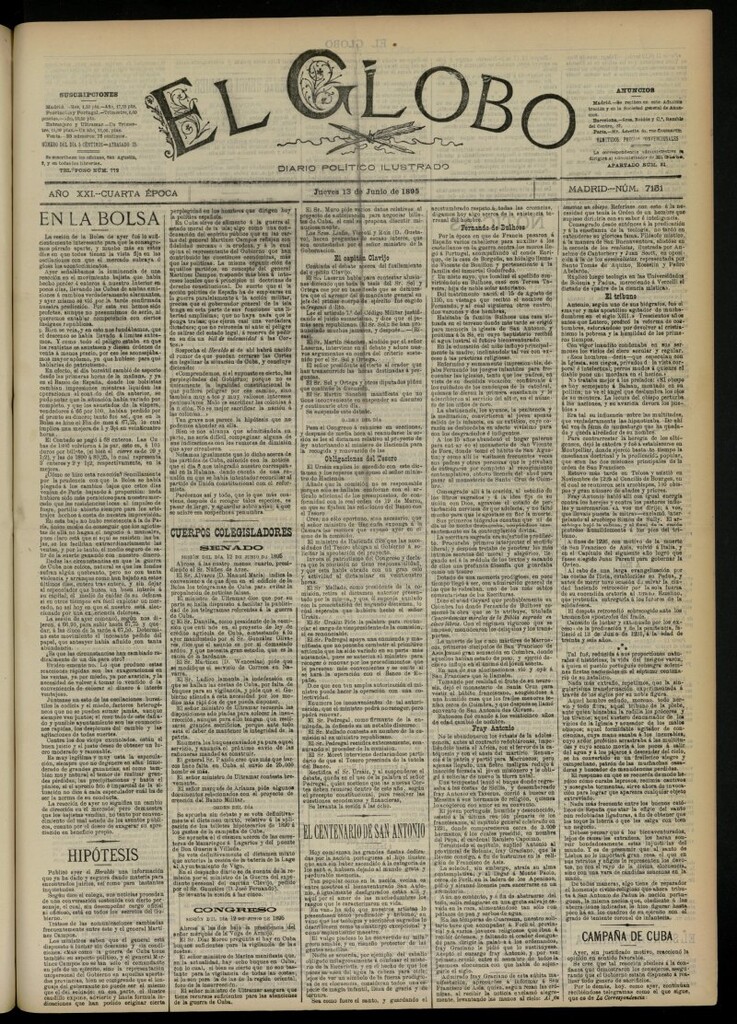 Miniatura de El Globo : diario ilustrado  del 13 de junio de 1895, nº 7151