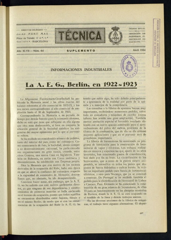Miniatura de Revista Tecnológico Industrial de abril de 1924