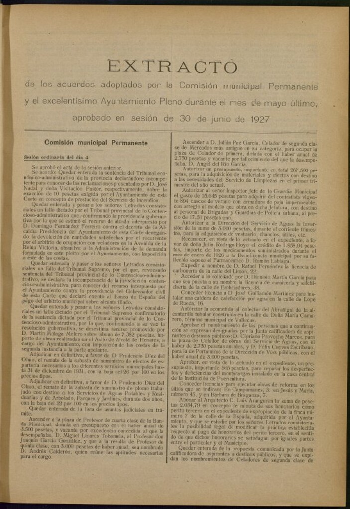 Miniatura de Boletín Oficial del Ayuntamiento de Madrid: Extracto de los acuerdos adoptados por la Comisión municipal Permanente y el excelentísimo Ayuntamiento Pleno durante el mes de mayo último, aprobado en sesión de 30 de junio de 1927.