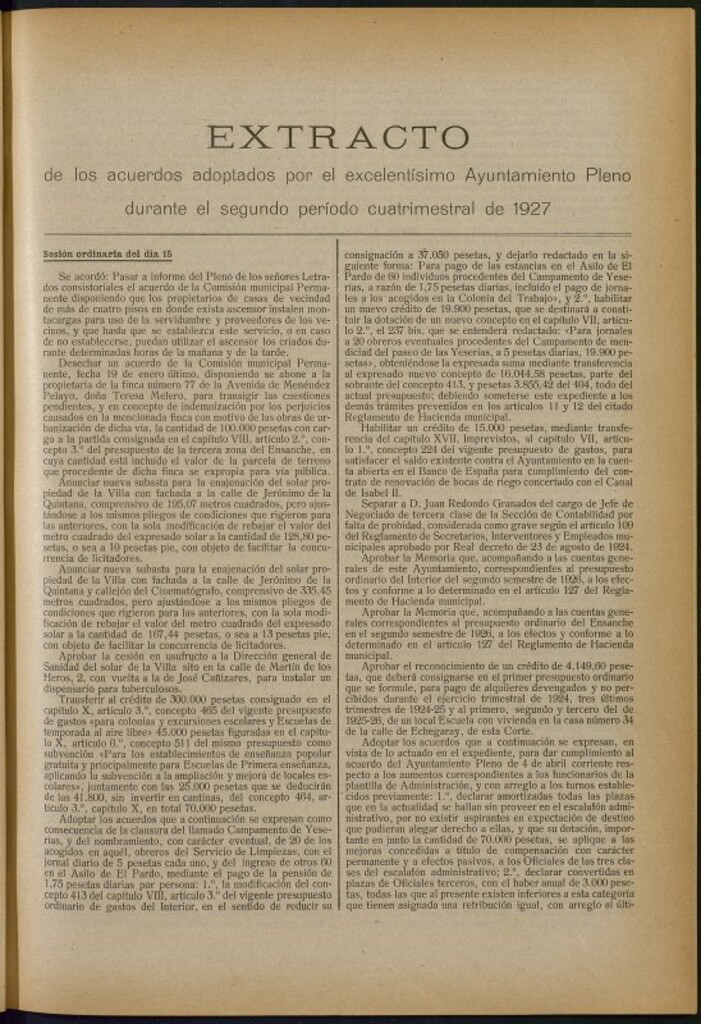 Miniatura de Boletín Oficial del Ayuntamiento de Madrid: Extracto de los acuerdos adoptados por el excelentísimo Ayuntamiento Pleno durante el segundo período cuatrimestral de 1927.